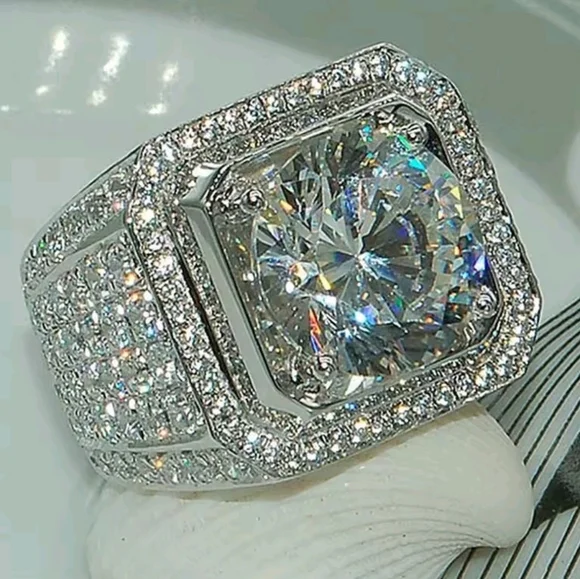 Silver Men's Intricate Diamond Ring with Halo Design Sz 12